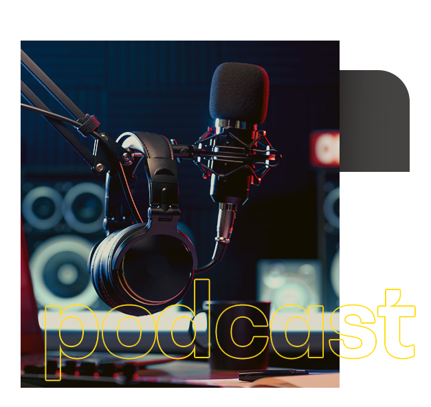 Uma imagem de um microfone e fones de ouvido com a palavra podcast no canto. Podcast