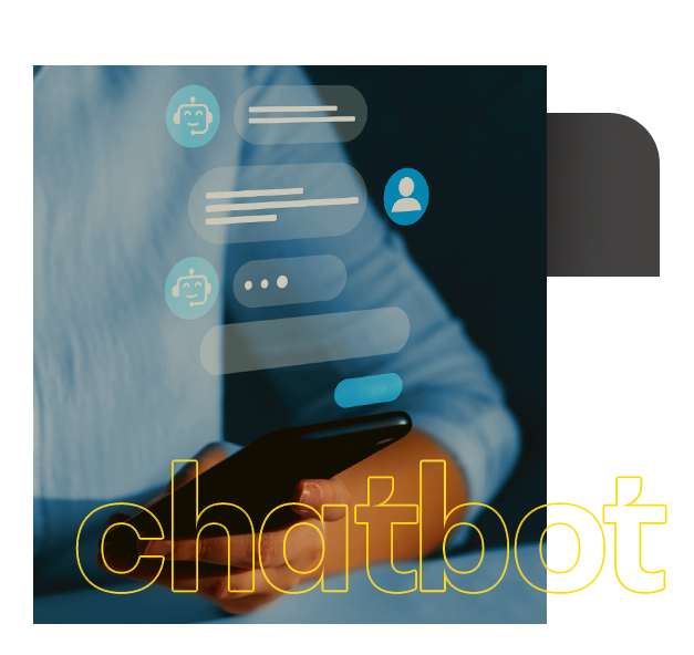 Uma pessoa segurando um celular com a palavra chatbot na parte inferior