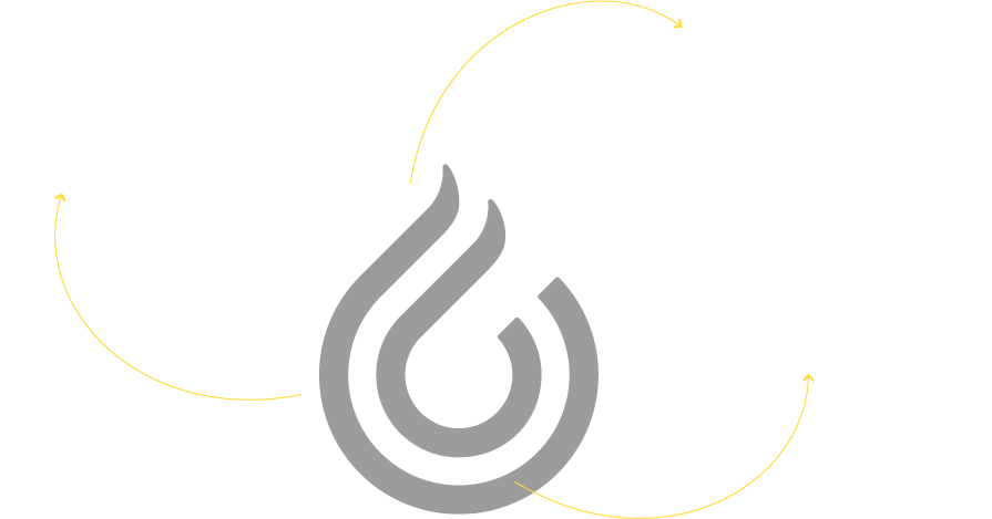 Um logotipo cinza e amarelo com uma chama no meio em um fundo branco.
