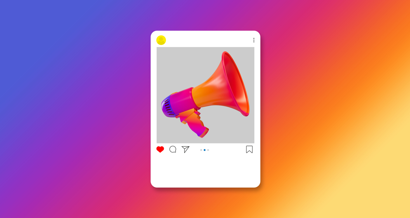 megafone em moldura de redes sociais, representando os posts que geram engajamento no Instagram