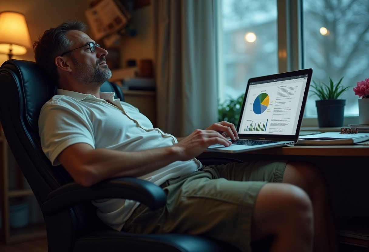 Executivo frustrado com a geração de leads B2B enquanto analisa relatórios de marketing.