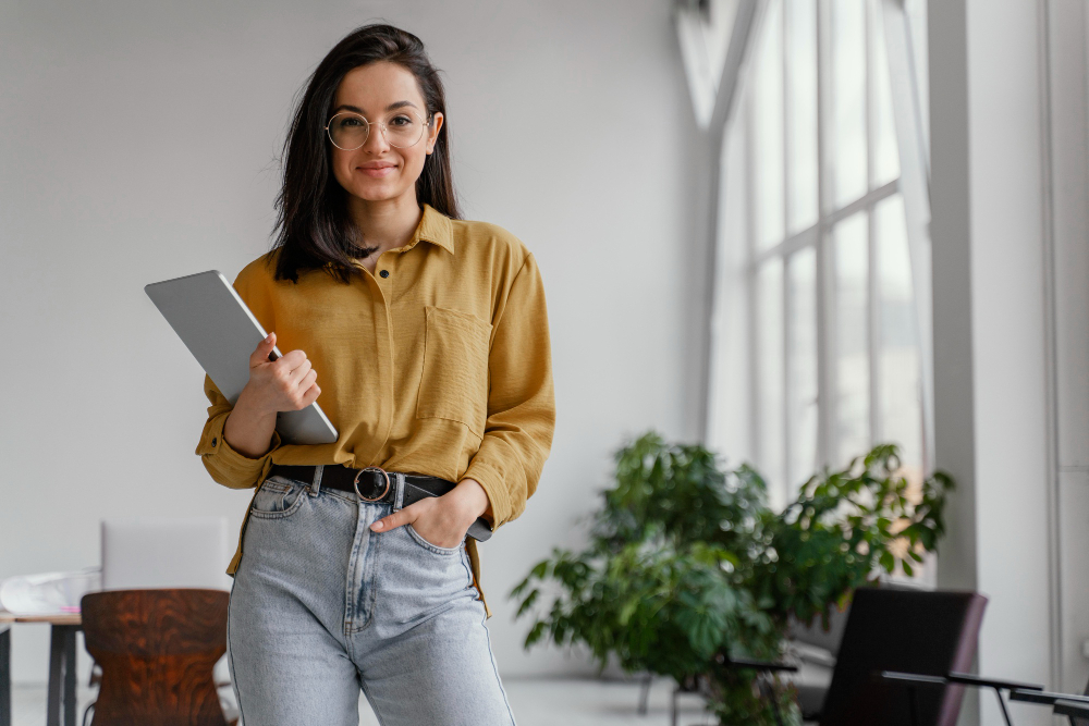 Mulher profissional sorrindo e segurando um tablet, representando empresas que investem na sua maturidade digital.