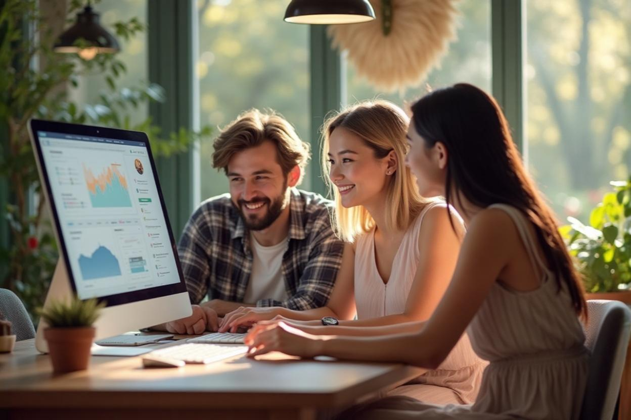 Três profissionais sorrindo enquanto analisam gráficos em um computador, ilustrando a integração bem-sucedida de marketing e vendas.