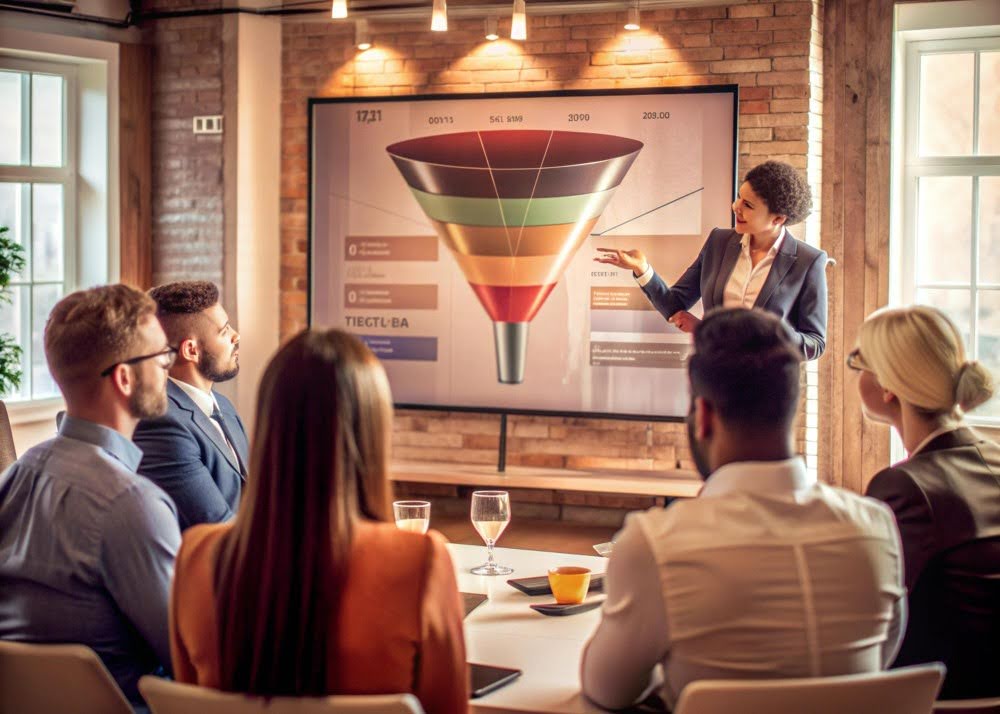 mulher de terno apresentando um slide para um grupo de pessoas sentadas