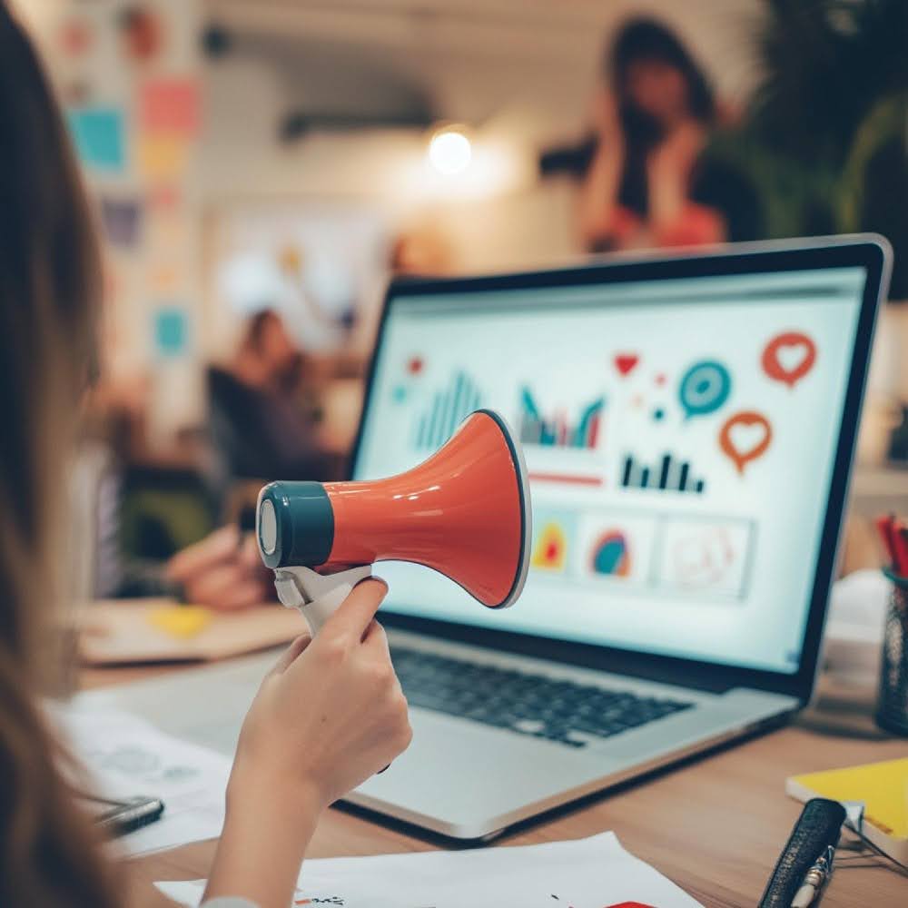 tela de notebook com gráficos diversos e uma moça segurando um megafone